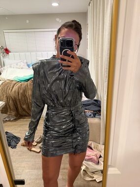 All Saints Metallic Charcoal Ruched Mini Dress